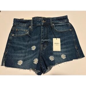 Forever 21 Women's Embroidered Daisies Denim Shorts Frayed Size 27 Y2K Style